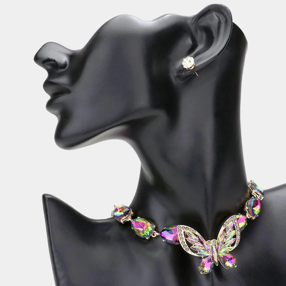 Gold Crystal Butterfly Teardrop Stone Cluster Evening Choker Necklace - Jewelry Store by Erik Rayo