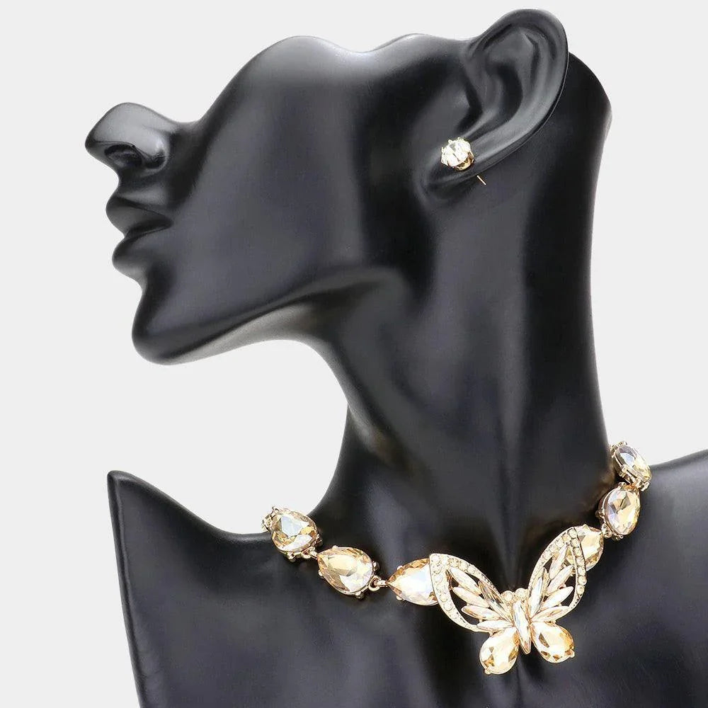 Gold Crystal Butterfly Teardrop Stone Cluster Evening Choker Necklace - Jewelry Store by Erik Rayo
