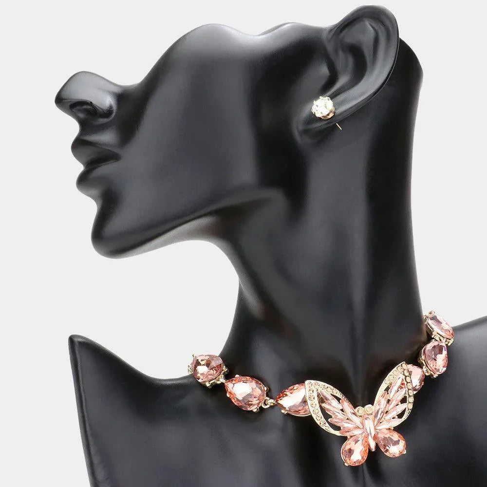 Gold Crystal Butterfly Teardrop Stone Cluster Evening Choker Necklace - Jewelry Store by Erik Rayo