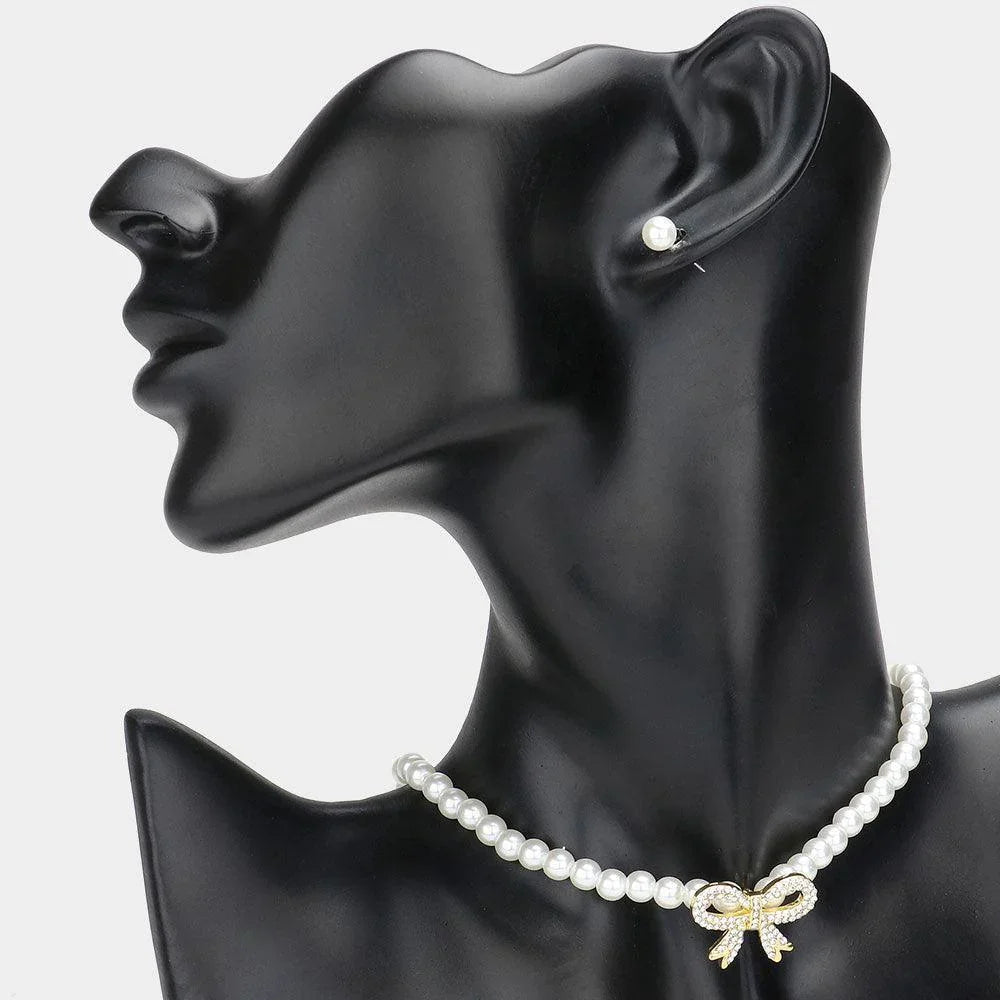 Cream Stone Paved Bow Pendant Pointed Pearl Necklace - Jewelry Store by Erik Rayo