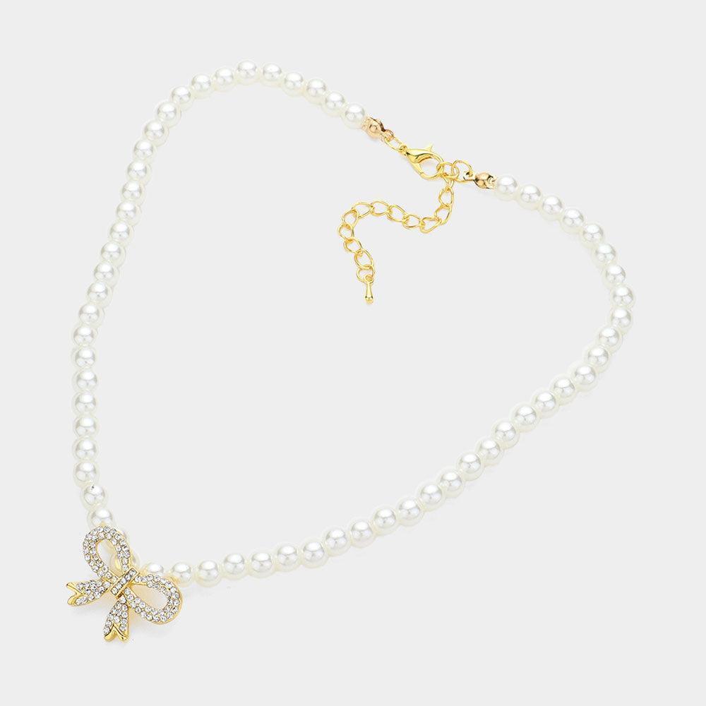 Cream Stone Paved Bow Pendant Pointed Pearl Necklace - Jewelry Store by Erik Rayo
