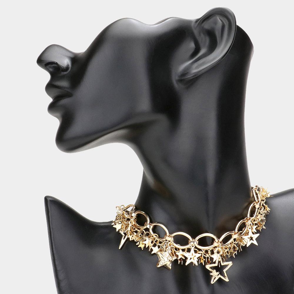 Gold Metal Star Cluster Choker Necklace