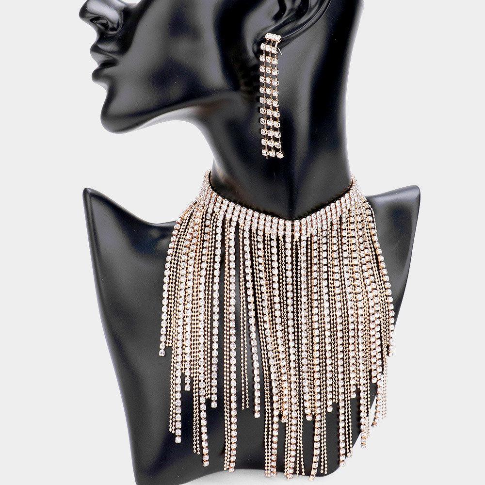 Gold Rhinestone Fringe Choker Necklace