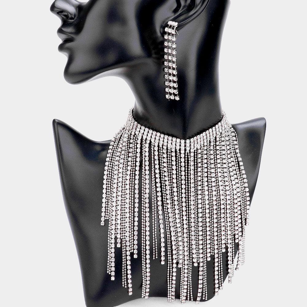 Clear Rhinestone Fringe Bib Choker Necklace