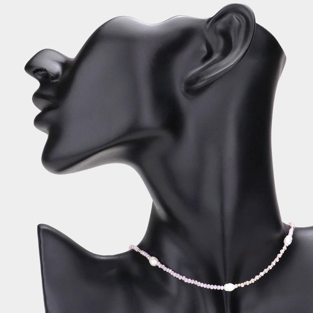 Pink Pearl Accented Faceted Beaded Choker Necklace