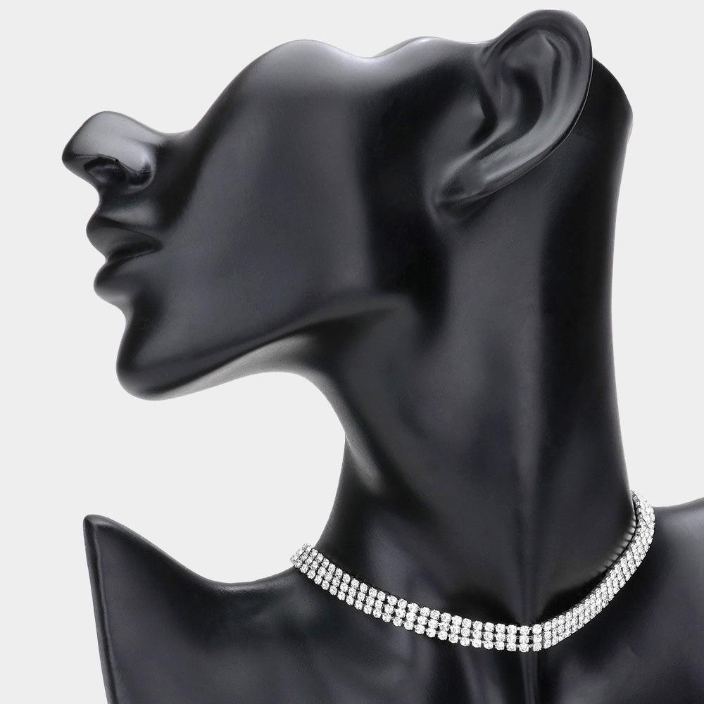 3-Row Rhinestone Pave Evening Choker Necklace