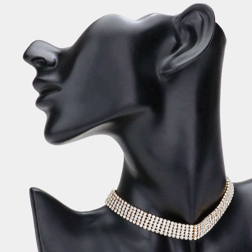 Gold 5-Row Rhinestone Pave Evening Choker Necklace