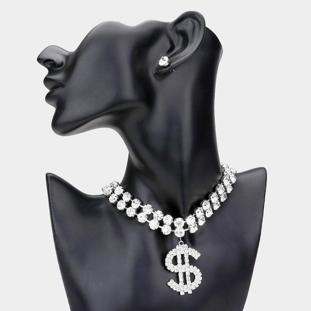 Rhinestone Embellished Metal Dollar Sign Pendant Choker Necklace - Jewelry Store by Erik Rayo