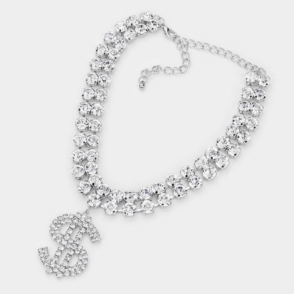Rhinestone Embellished Metal Dollar Sign Pendant Choker Necklace - Jewelry Store by Erik Rayo
