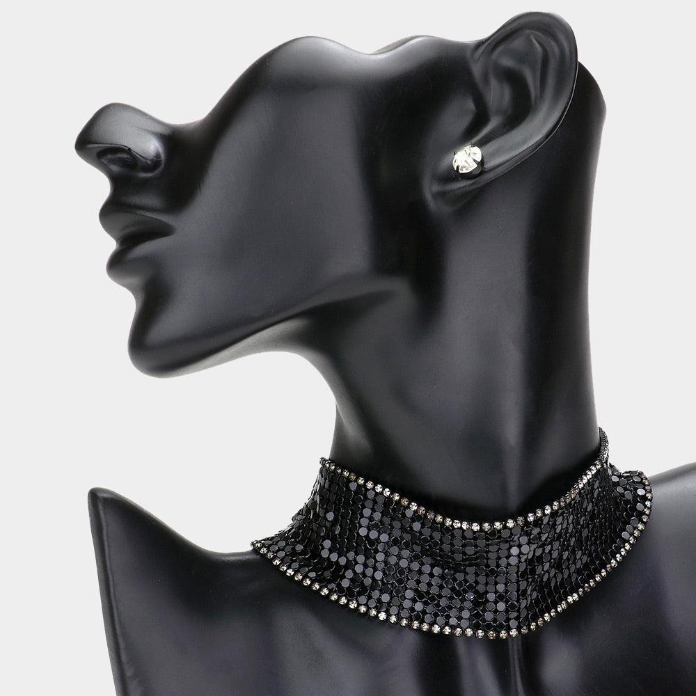 Black Rhinestone Trimmed Metal Choker Necklace - Jewelry Store by Erik Rayo