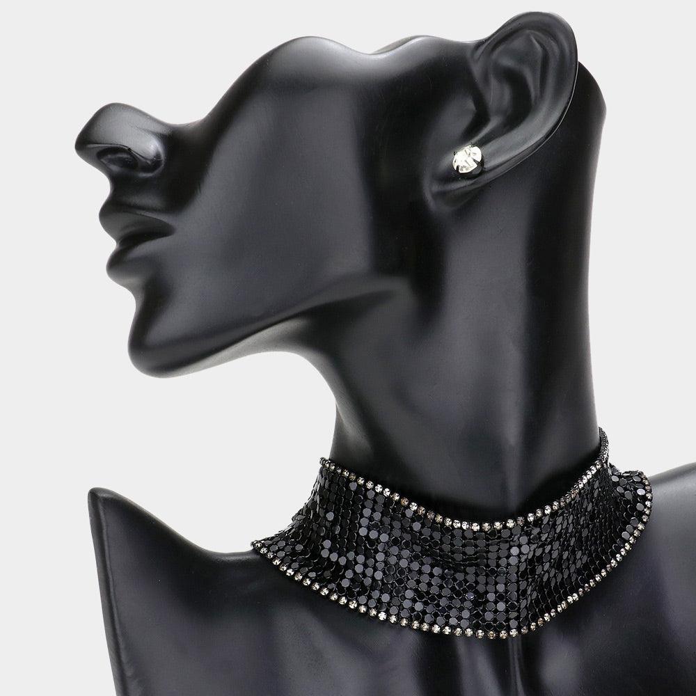 Black Rhinestone Trimmed Metal Choker Necklace