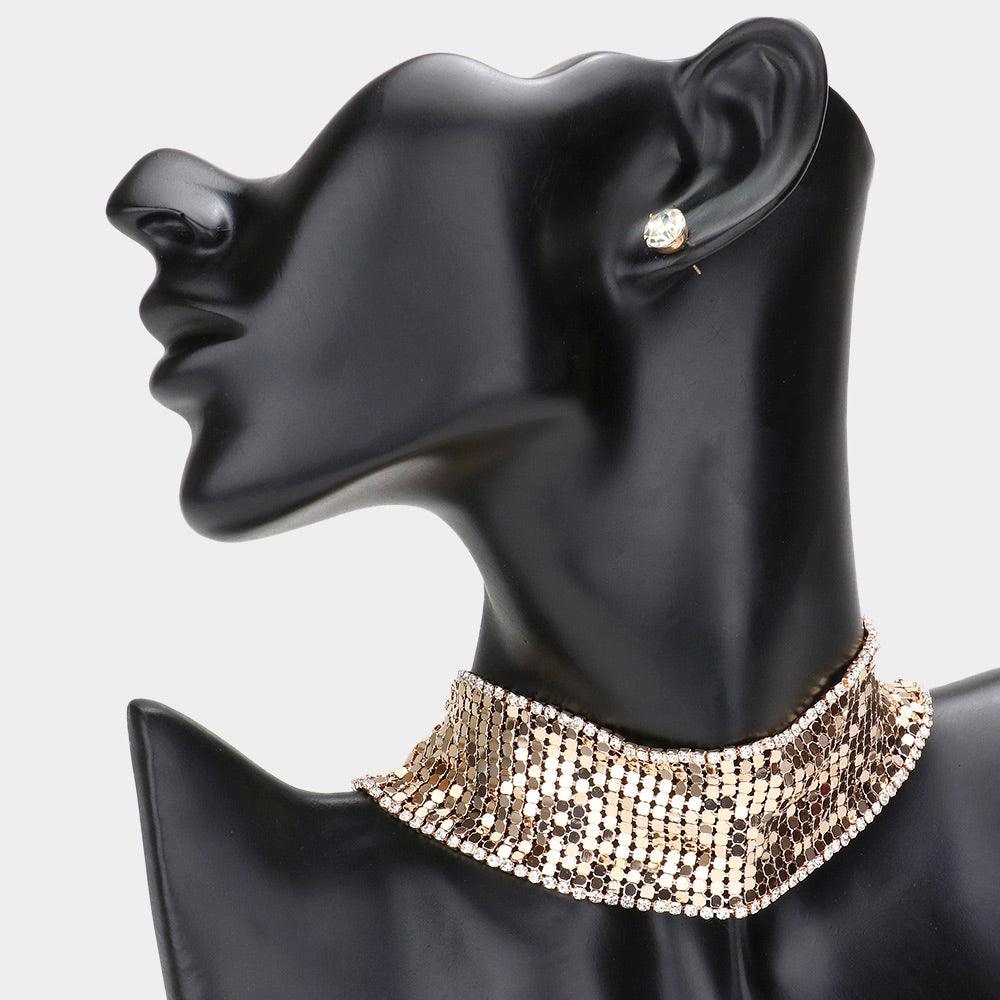 Gold Rhinestone Trimmed Metal Choker Necklace