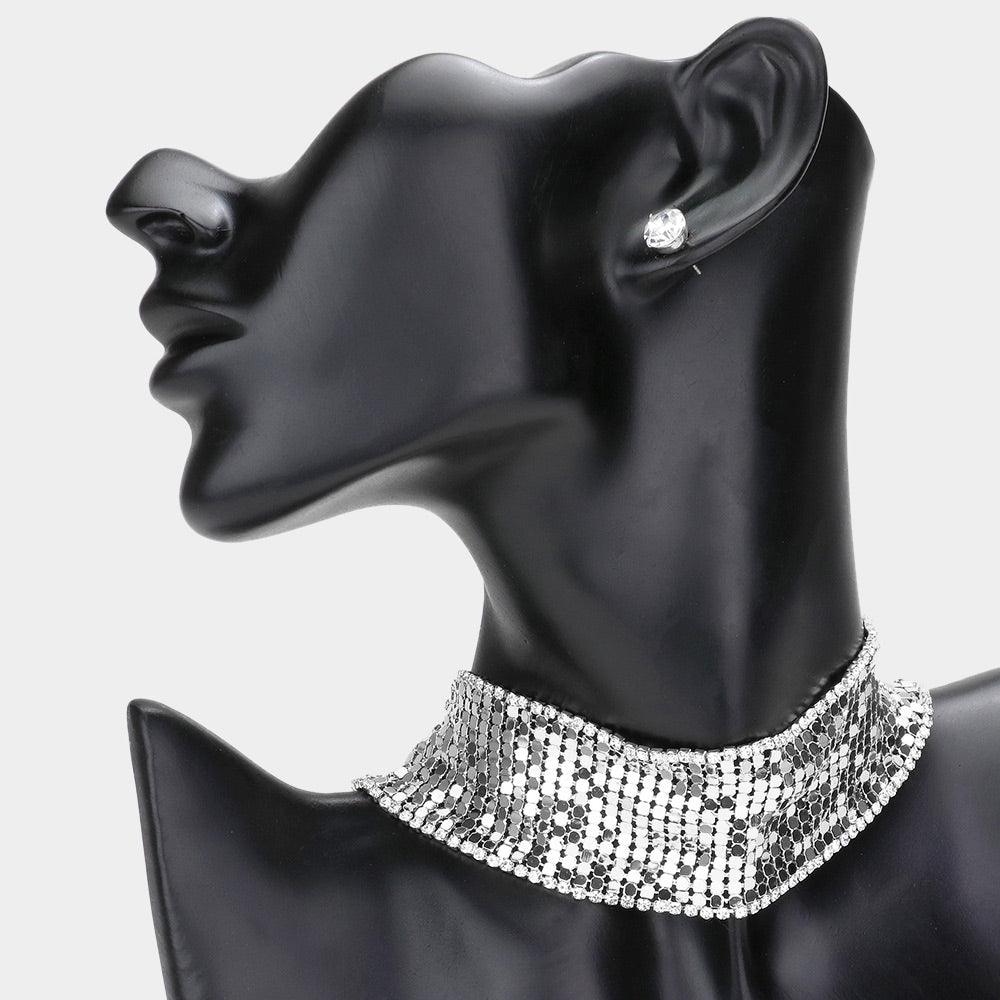 Rhinestone Trimmed Metal Choker Necklace