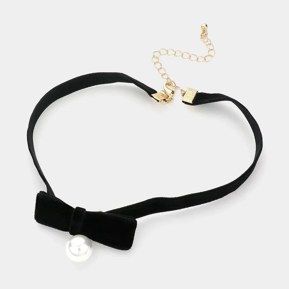 Black Faux Suede Ribbon Pearl Choker Necklace - Jewelry Store by Erik Rayo