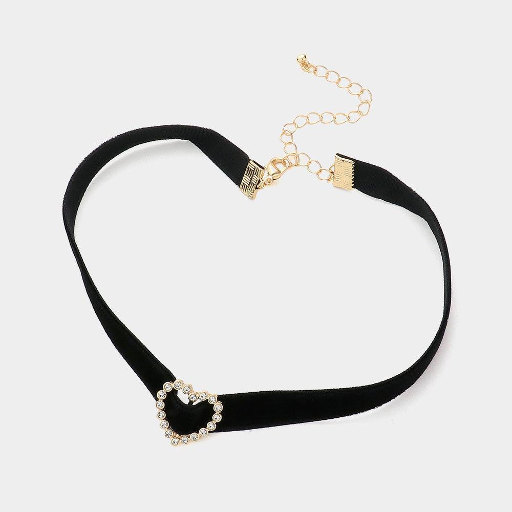 Black Stone Paved Heart Pendant Pointed Faux Suede Choker Necklace - Jewelry Store by Erik Rayo