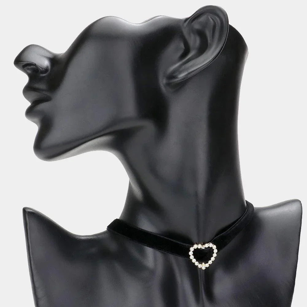 Black Stone Paved Heart Pendant Pointed Faux Suede Choker Necklace - Jewelry Store by Erik Rayo