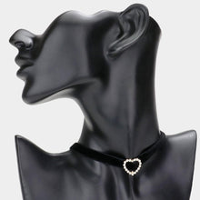 Load image into Gallery viewer, Black Stone Paved Heart Pendant Pointed Faux Suede Choker Necklace
