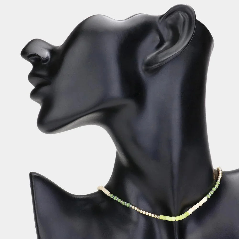 Green Faceted Wood Heishi Beaded Choker Necklace - Jewelry Store by Erik Rayo