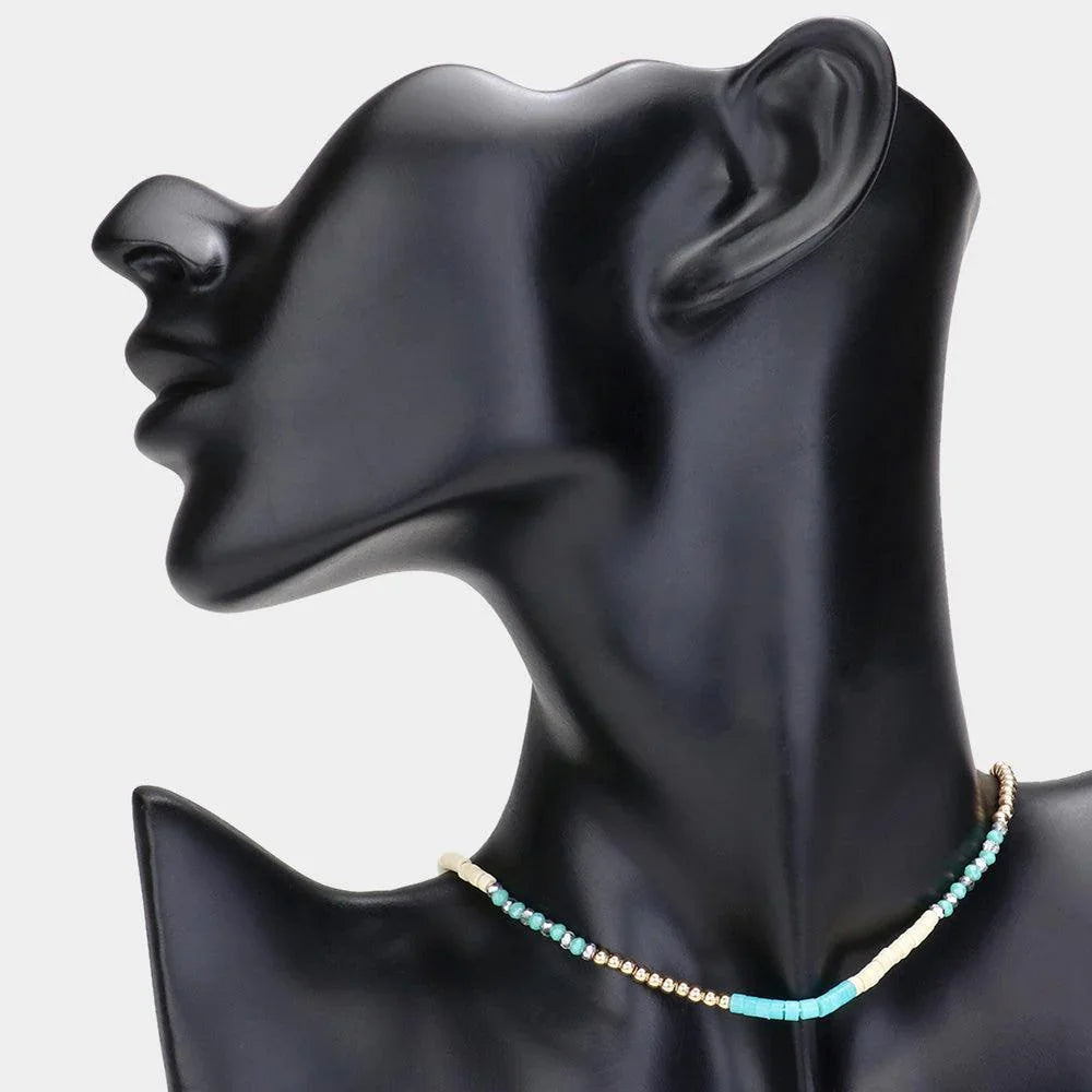 Turquoise Faceted Wood Heishi Beaded Choker Necklace - Jewelry Store by Erik Rayo
