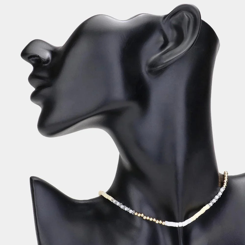 White Faceted Wood Heishi Beaded Choker Necklace - Jewelry Store by Erik Rayo
