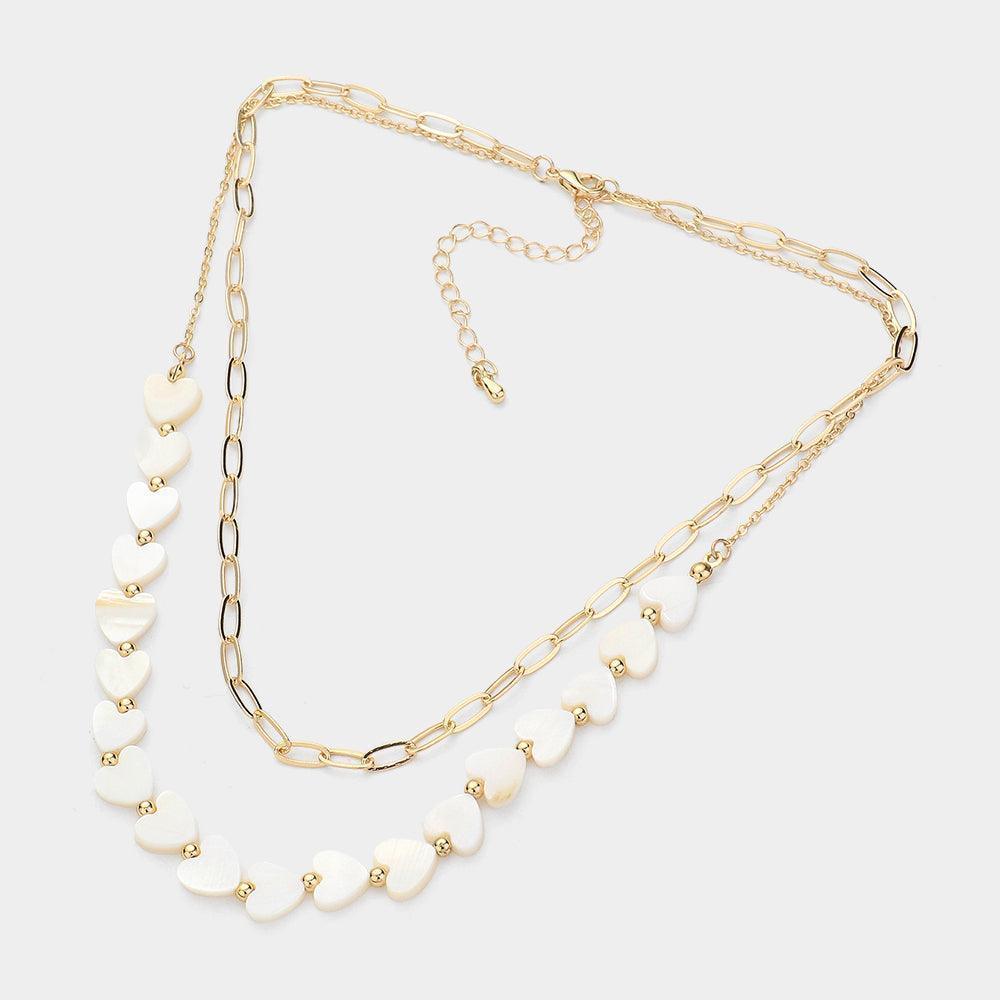 Mother Of Pearl Heart Strand Paper Clip Chain Layered Necklace - Jewelry Store by Erik Rayo