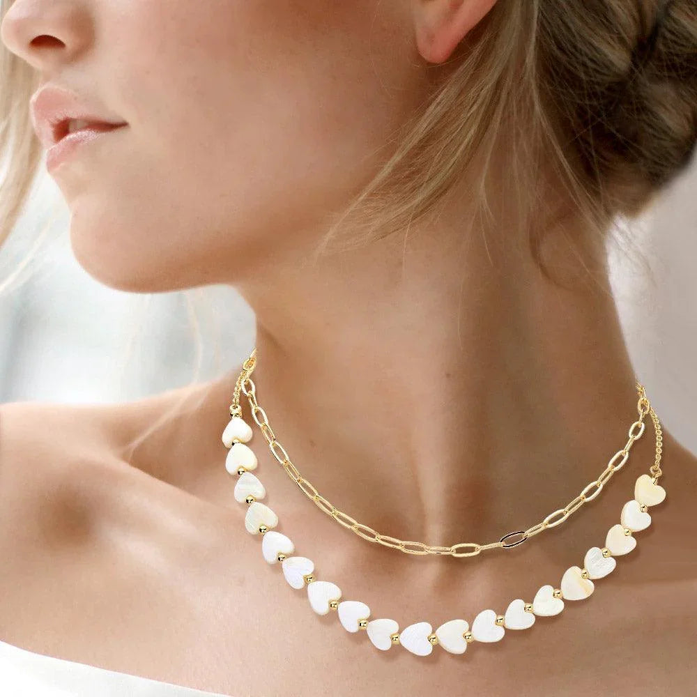 Mother Of Pearl Heart Strand Paper Clip Chain Layered Necklace - Jewelry Store by Erik Rayo