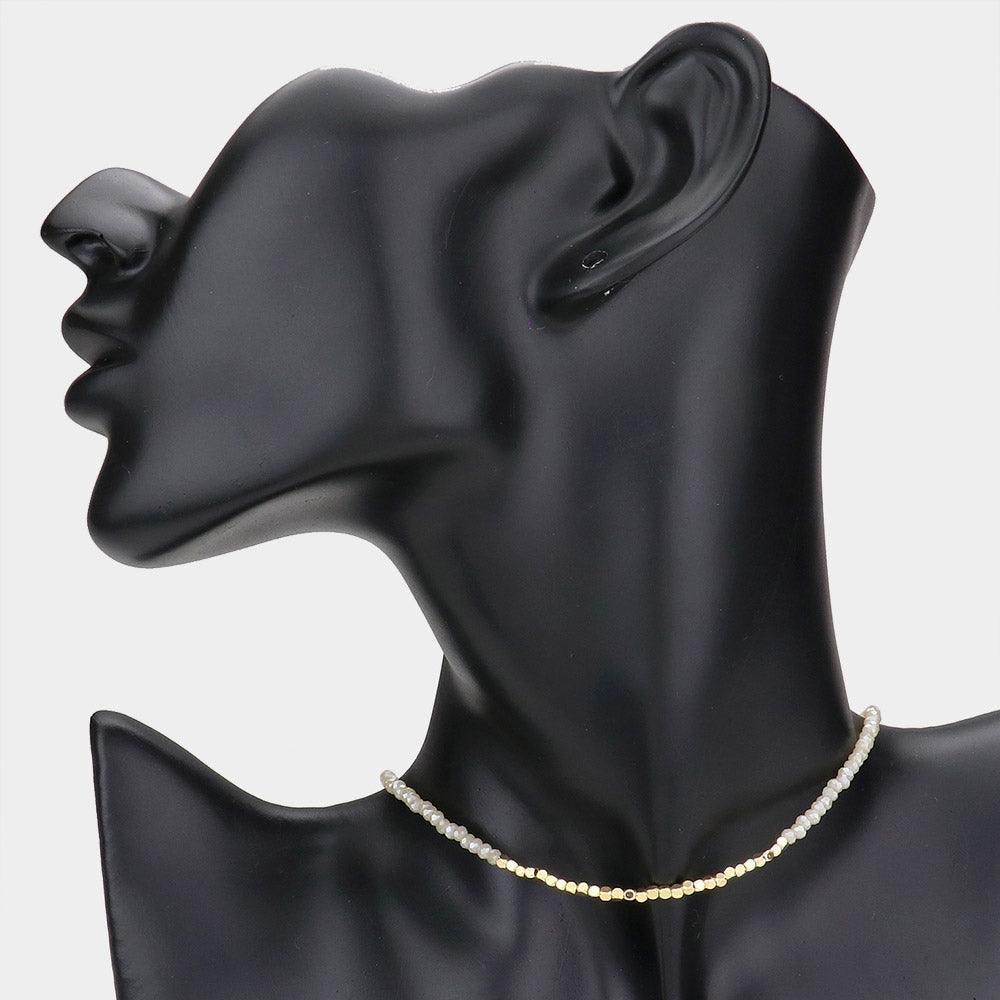 Ivory Metal Cube Accented Faceted Beaded Choker Necklace - Jewelry Store by Erik Rayo