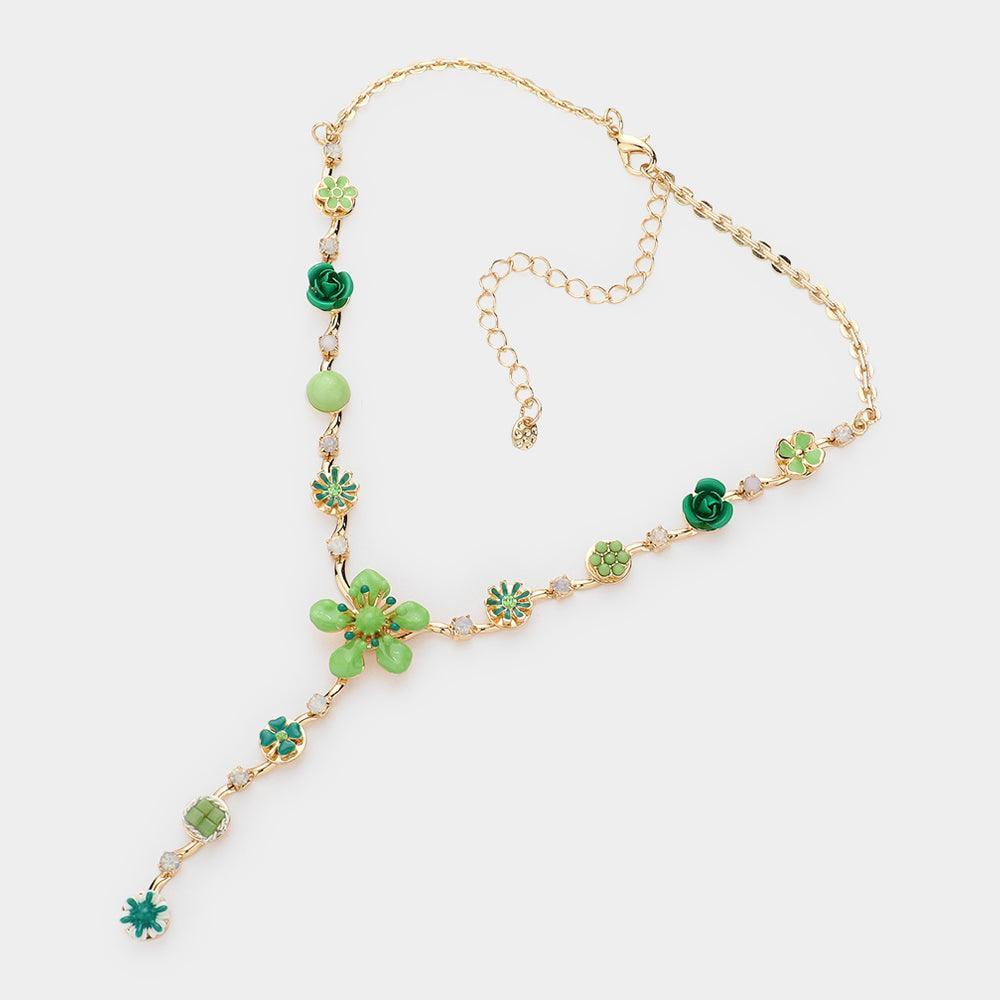 Green Enamel Flower Stone Embellished Y Choker Necklace - Jewelry Store by Erik Rayo