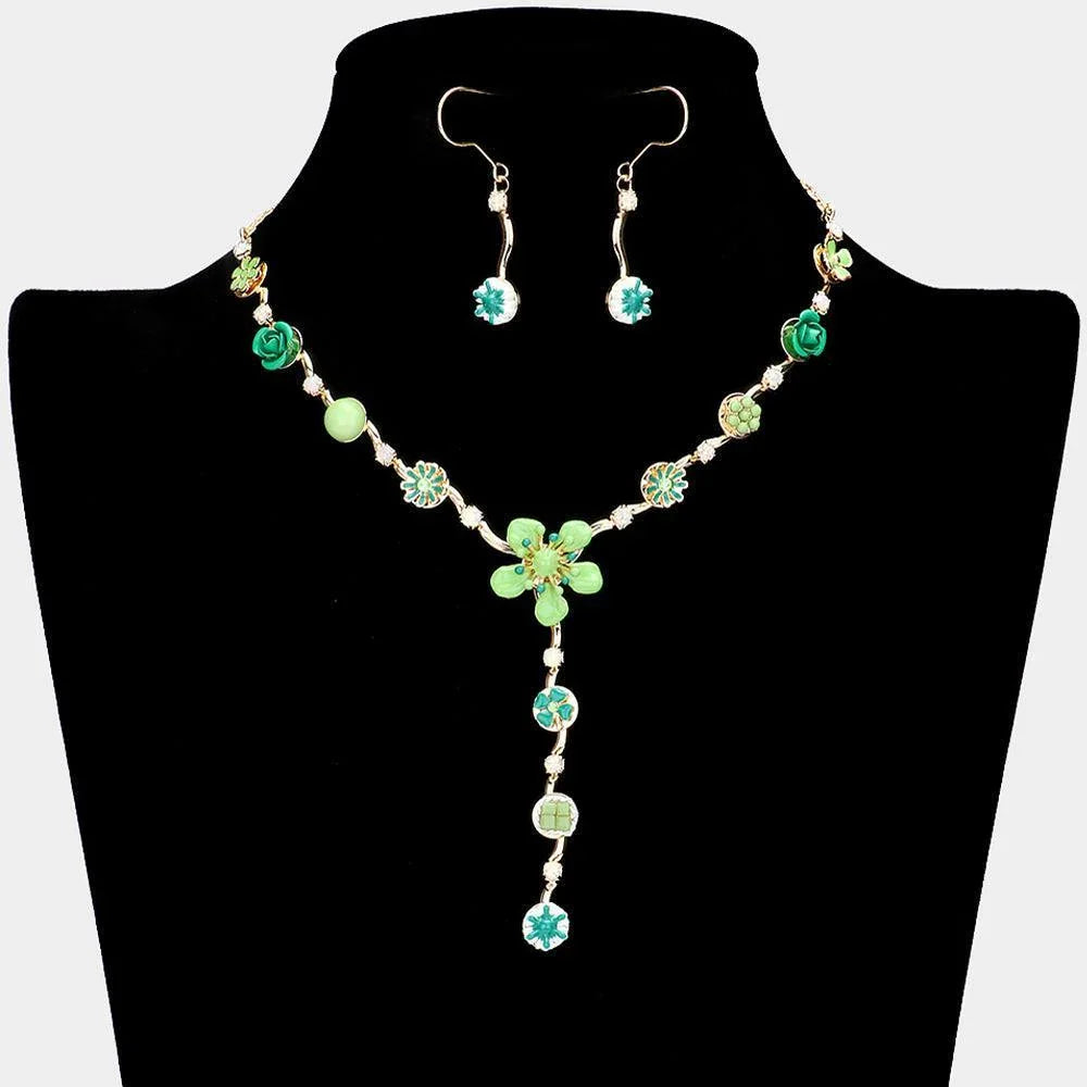 Green Enamel Flower Stone Embellished Y Choker Necklace - Jewelry Store by Erik Rayo