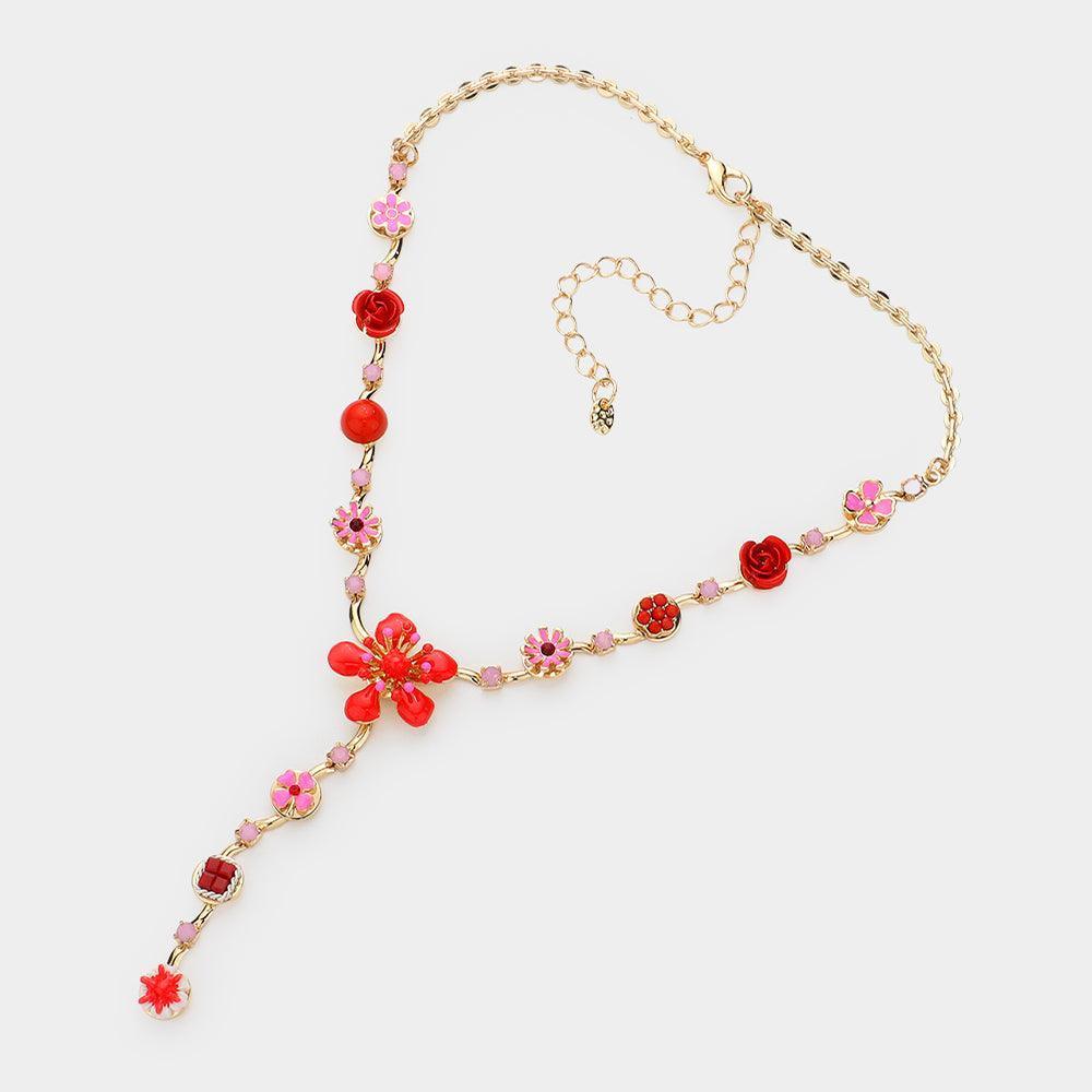 Red Enamel Flower Stone Embellished Y Choker Necklace - Jewelry Store by Erik Rayo