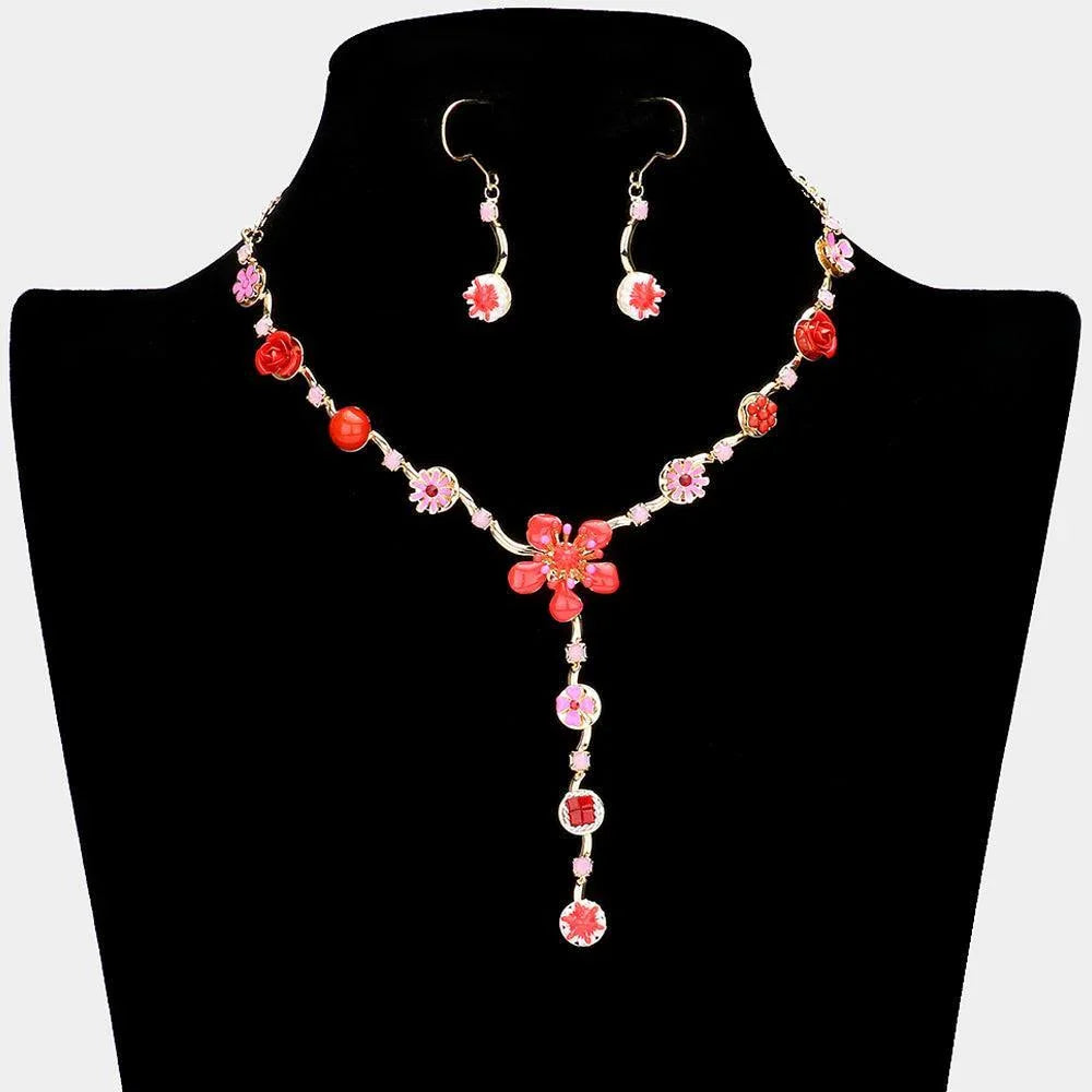 Red Enamel Flower Stone Embellished Y Choker Necklace - Jewelry Store by Erik Rayo