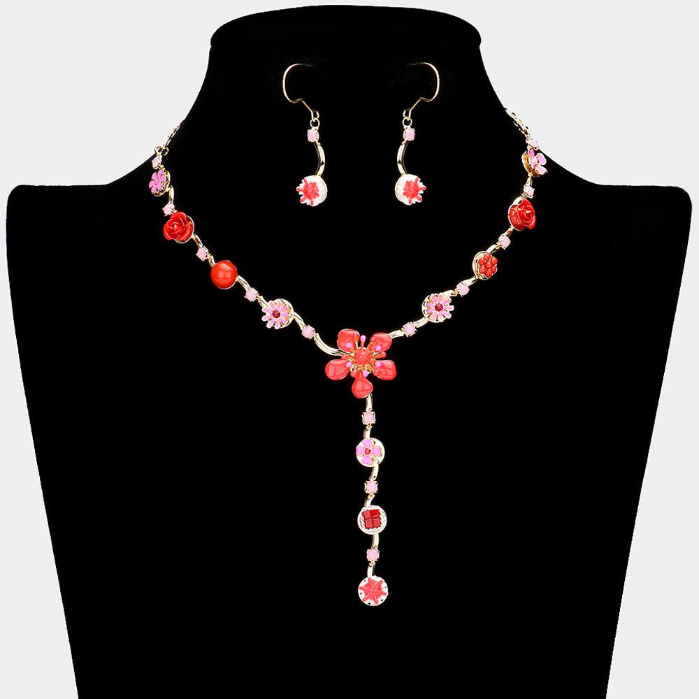 Red Enamel Flower Stone Embellished Y Choker Necklace