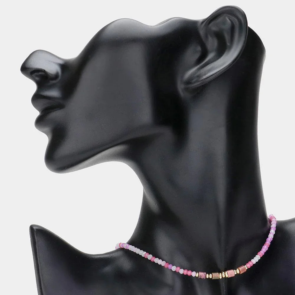 Pink Natural Stone Pointed Faceted Beaded Choker Necklace - Jewelry Store by Erik Rayo