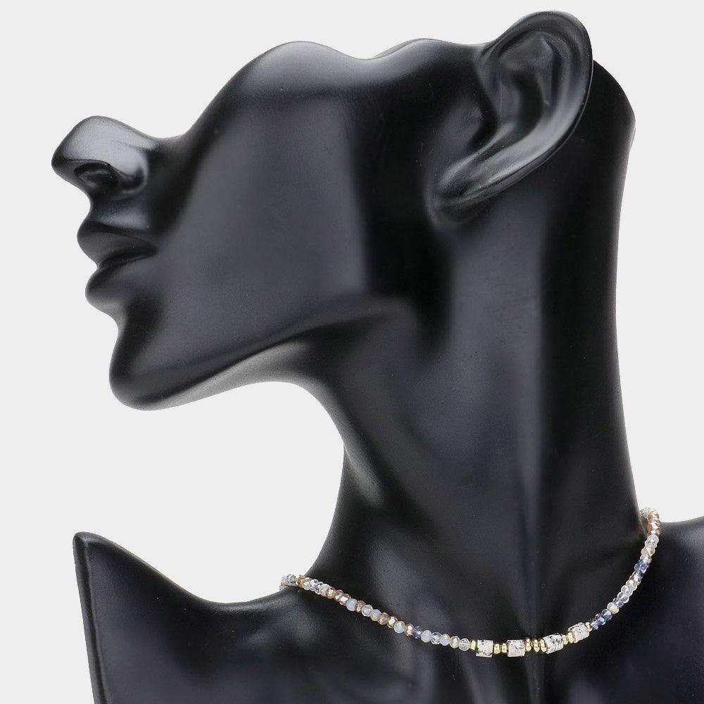 White Natural Stone Pointed Faceted Beaded Choker Necklace - Jewelry Store by Erik Rayo