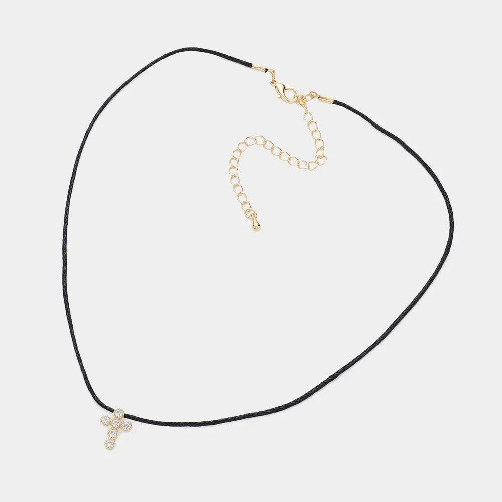 Black CZ Stone Embellished Cross Pendant Raffia Thread Choker Necklace - Jewelry Store by Erik Rayo