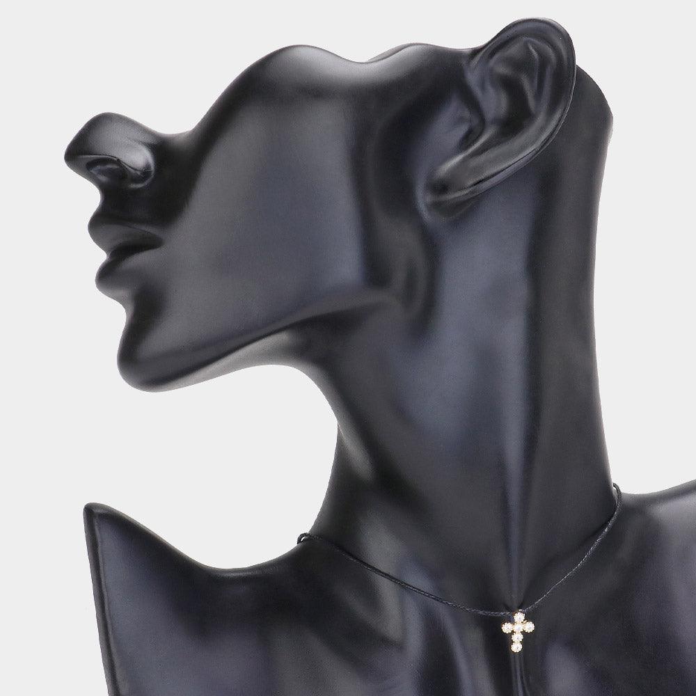 Black CZ Stone Embellished Cross Pendant Raffia Thread Choker Necklace - Jewelry Store by Erik Rayo