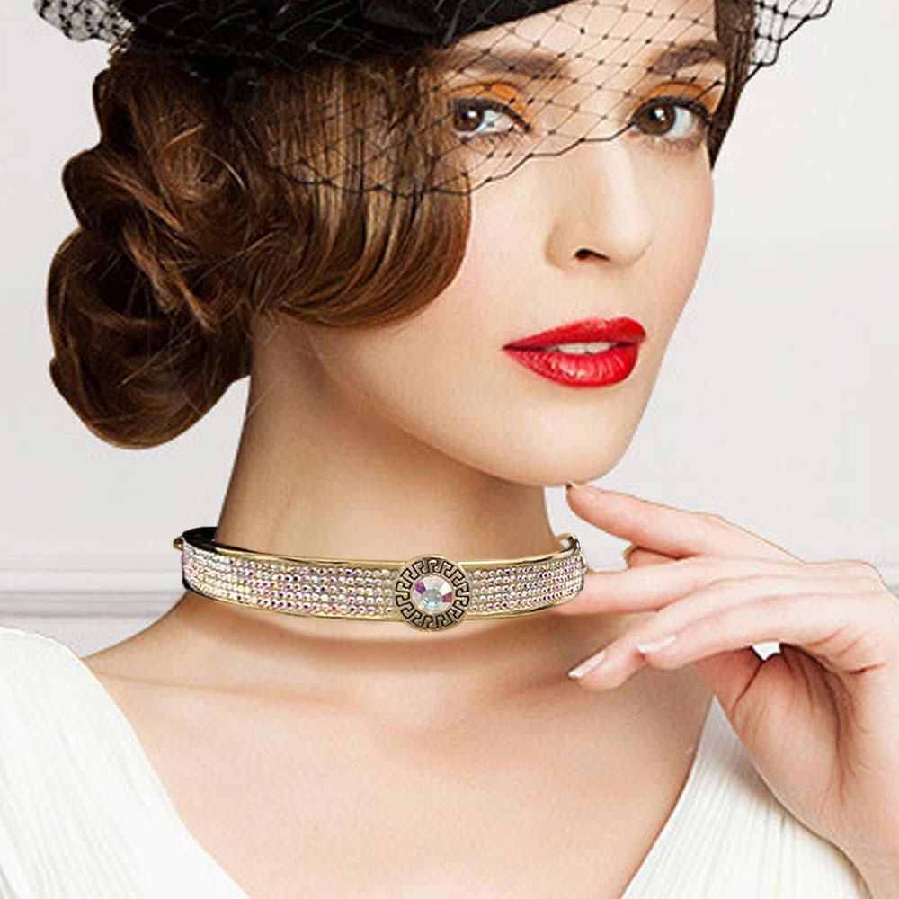 Gold Round Stone Centered Rhinestone Embellished Choker Necklace - Jewelry Store by Erik Rayo