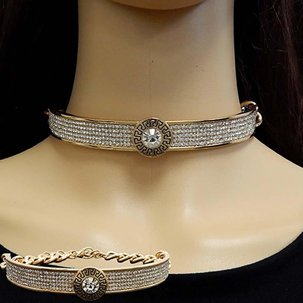 Gold Round Stone Centered Rhinestone Embellished Choker Necklace - Jewelry Store by Erik Rayo