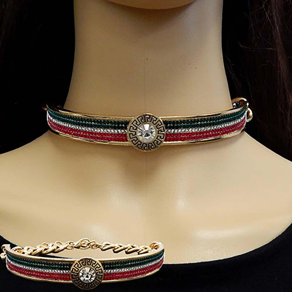 Round Stone Centered Color Block Rhinestone Embellished Choker Necklace - Jewelry Store by Erik Rayo