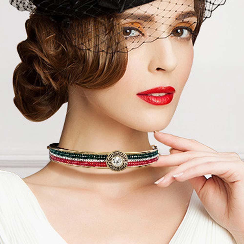 Round Stone Centered Color Block Rhinestone Embellished Choker Necklace - Jewelry Store by Erik Rayo