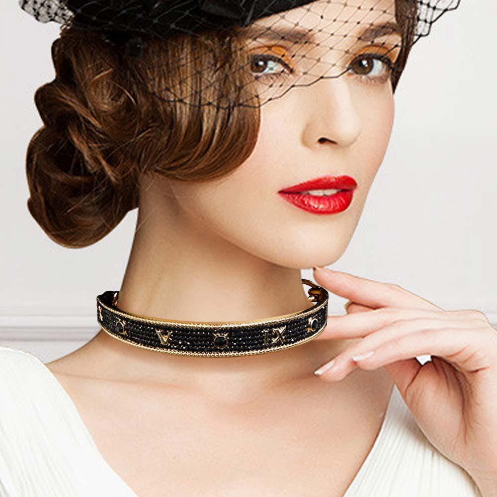 Black Rhinestone Embellished Roman Numerals Choker Necklace - Jewelry Store by Erik Rayo