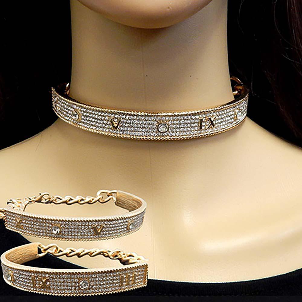 Gold Rhinestone Embellished Roman Numerals Choker Necklace - Jewelry Store by Erik Rayo