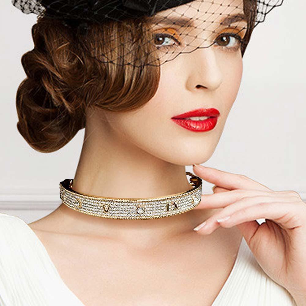 Gold Rhinestone Embellished Roman Numerals Choker Necklace - Jewelry Store by Erik Rayo