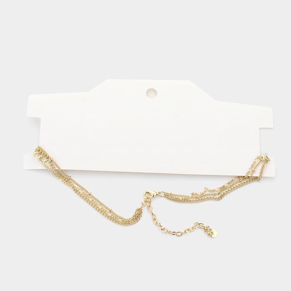 Gold Crescent Moon Detailed Triple Layered Brass Metal Chain Necklace - Jewelry Store by Erik Rayo