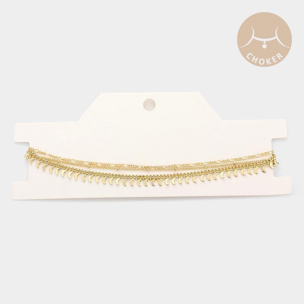 Gold Crescent Moon Detailed Triple Layered Brass Metal Chain Necklace - Jewelry Store by Erik Rayo