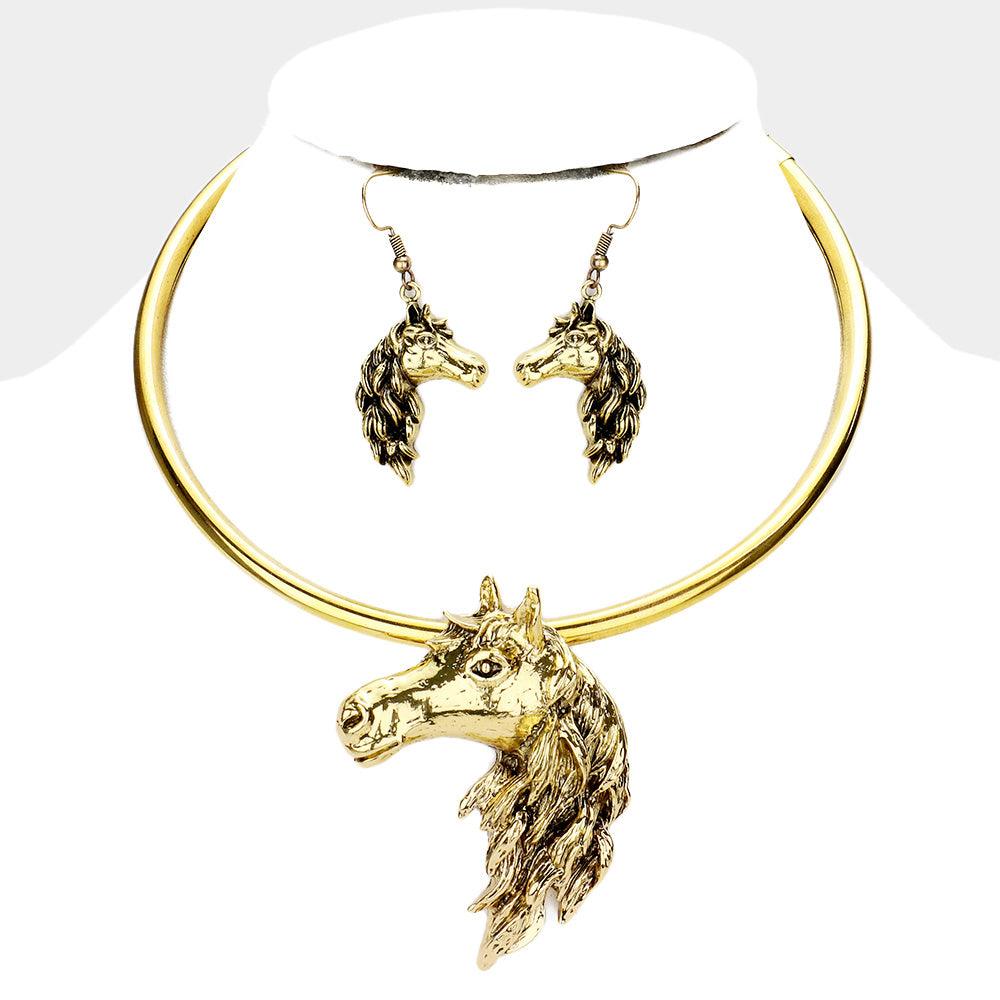 Gold Antique Metal Horse Face Choker Necklace