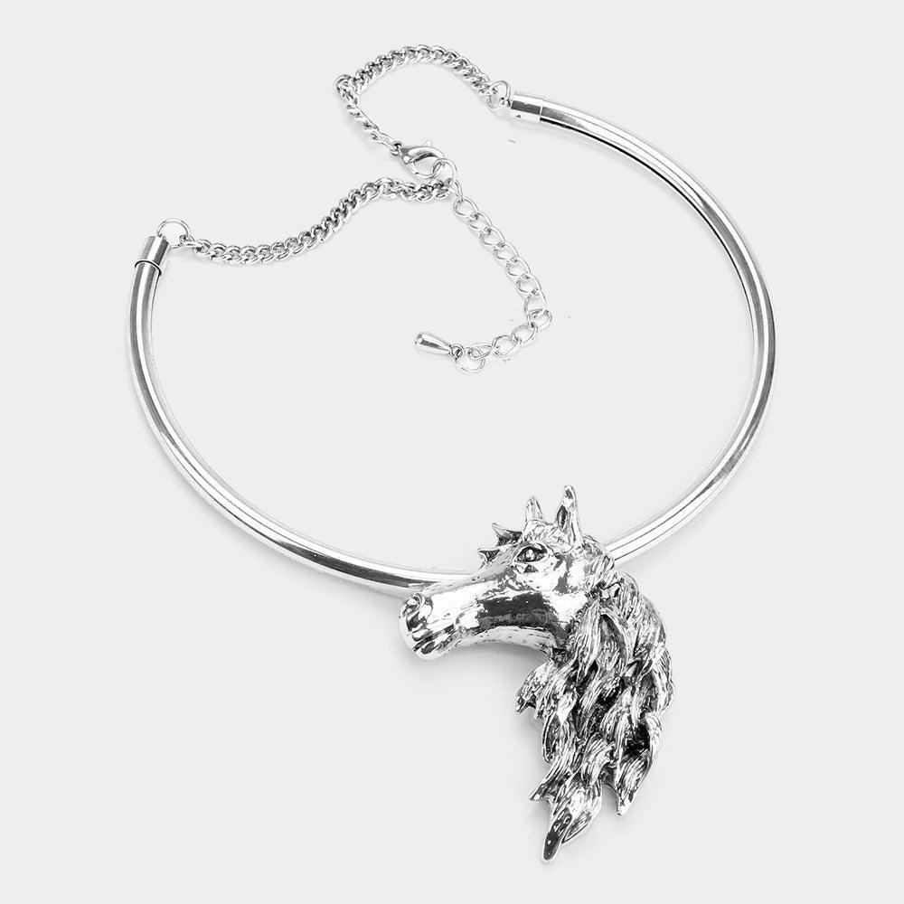 Silver Antique Metal Horse Face Choker Necklace - Jewelry Store by Erik Rayo