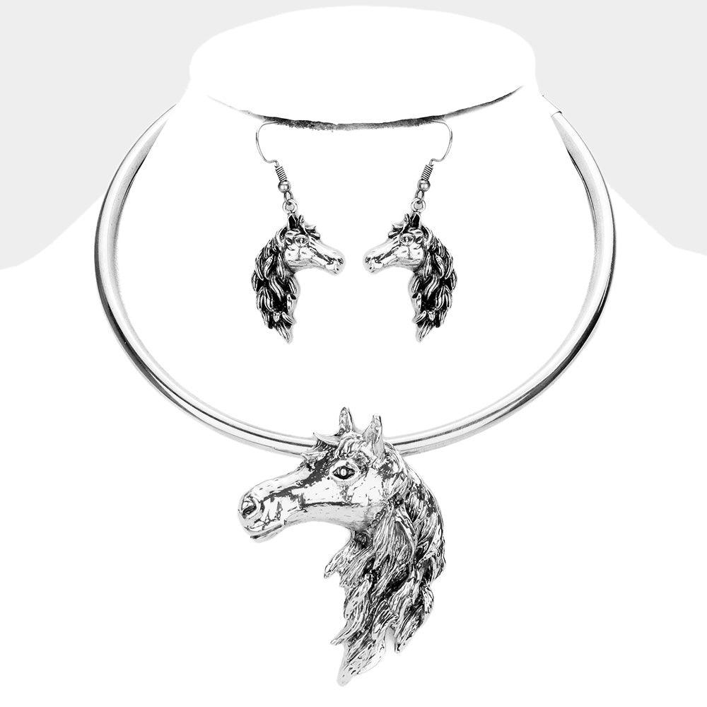 Silver Antique Metal Horse Face Choker Necklace