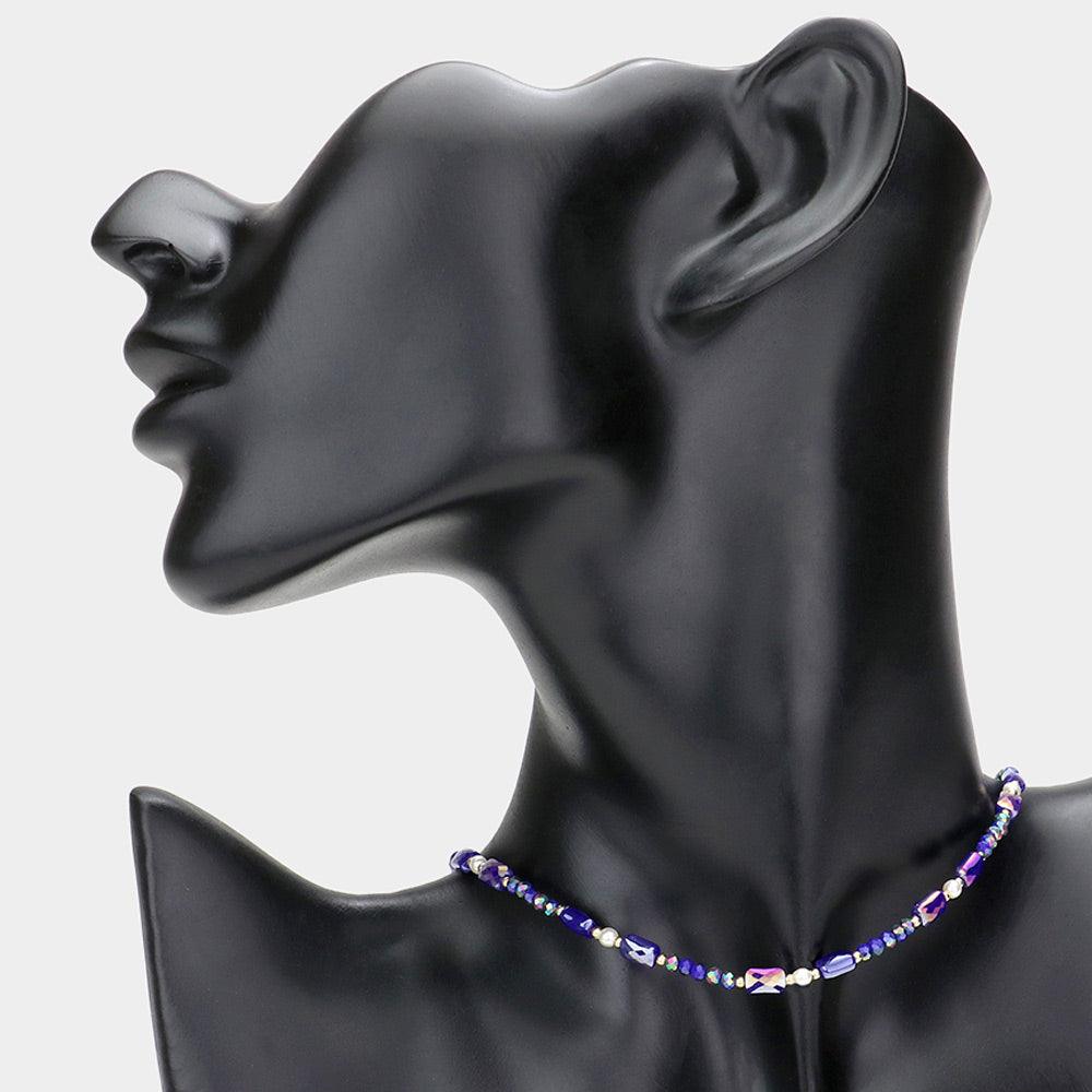 Blue Pearl Accented Faceted Beaded Choker Necklace