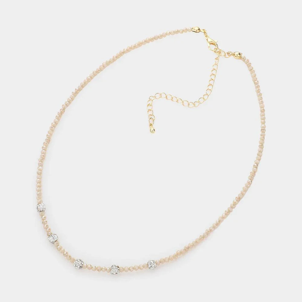 Beige Quintuple Shamballa Ball Accented Faceted Beaded Choker Necklace - Jewelry Store by Erik Rayo